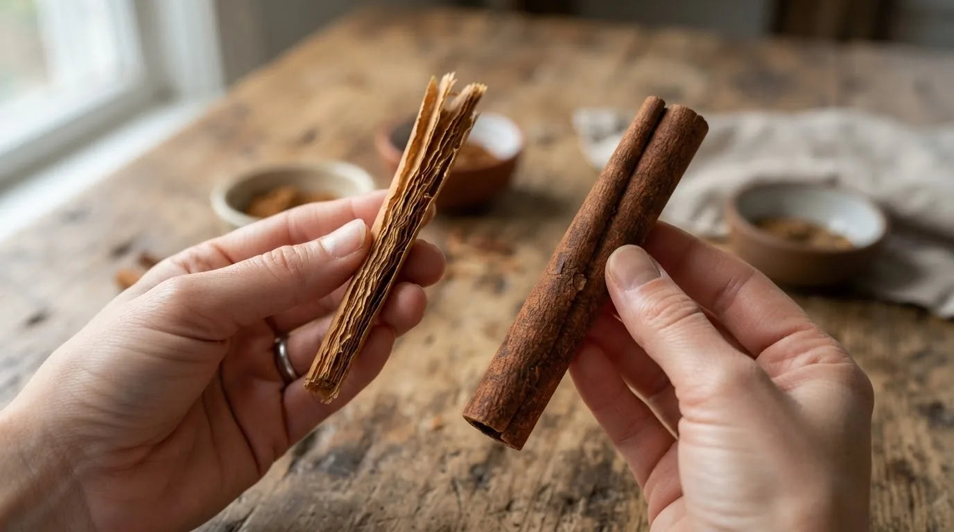 Ceylon and cassia cinnamon quills side by side for comparison