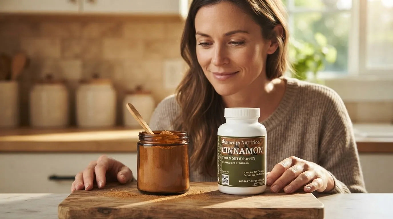 Ceylon cinnamon powder jar beside a bottle of vegan capsules