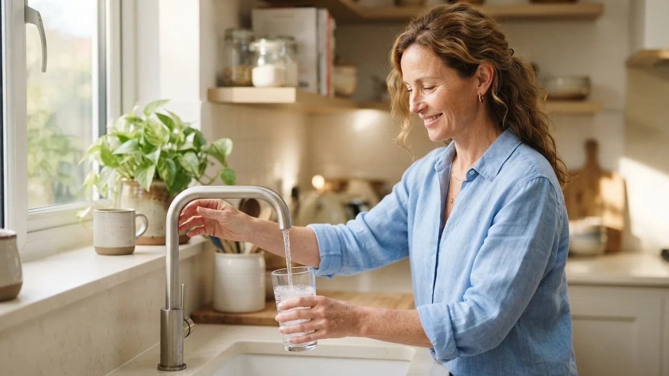 Woman filling a glass of water in a bright kitchen