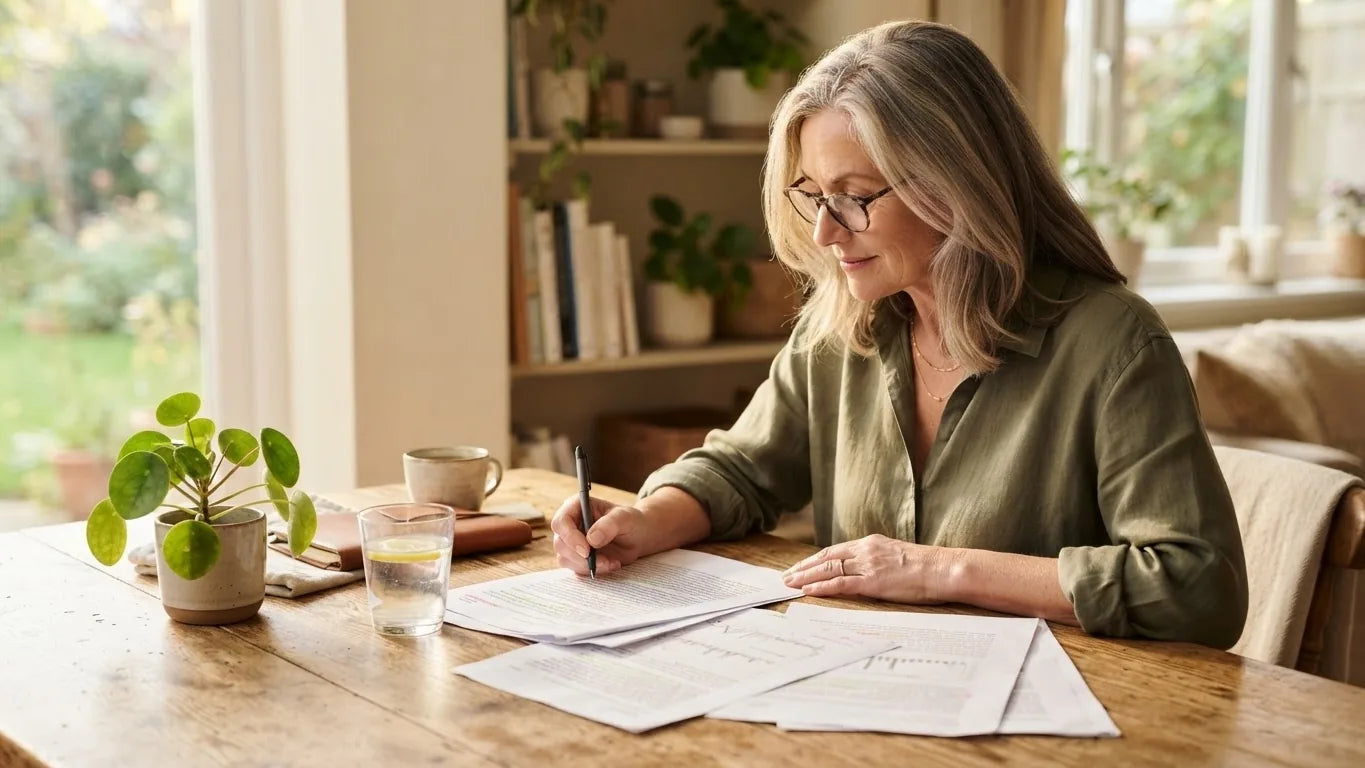 Woman reading printed research with a glass of water