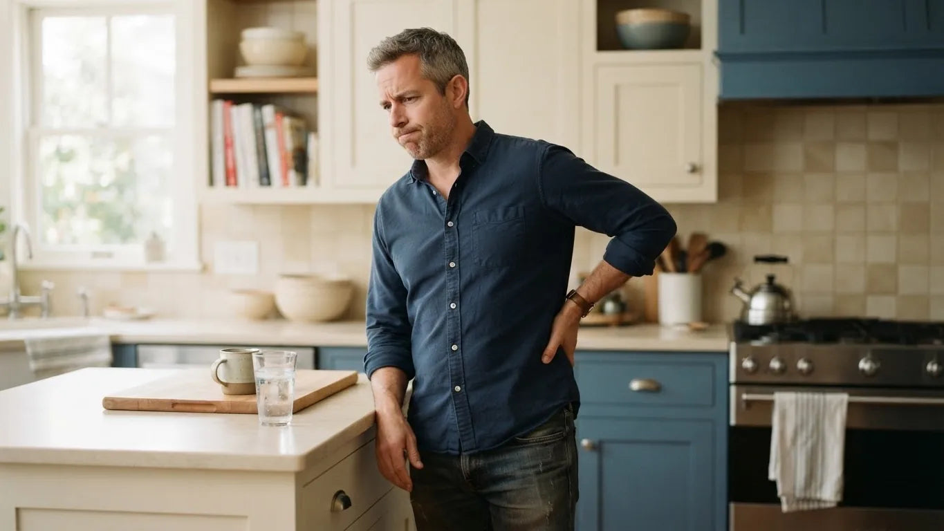 Man holding his lower back while standing in a kitchen