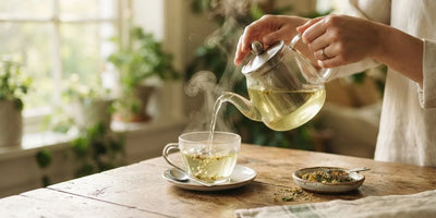 Herbal tea being poured into a clear glass cup