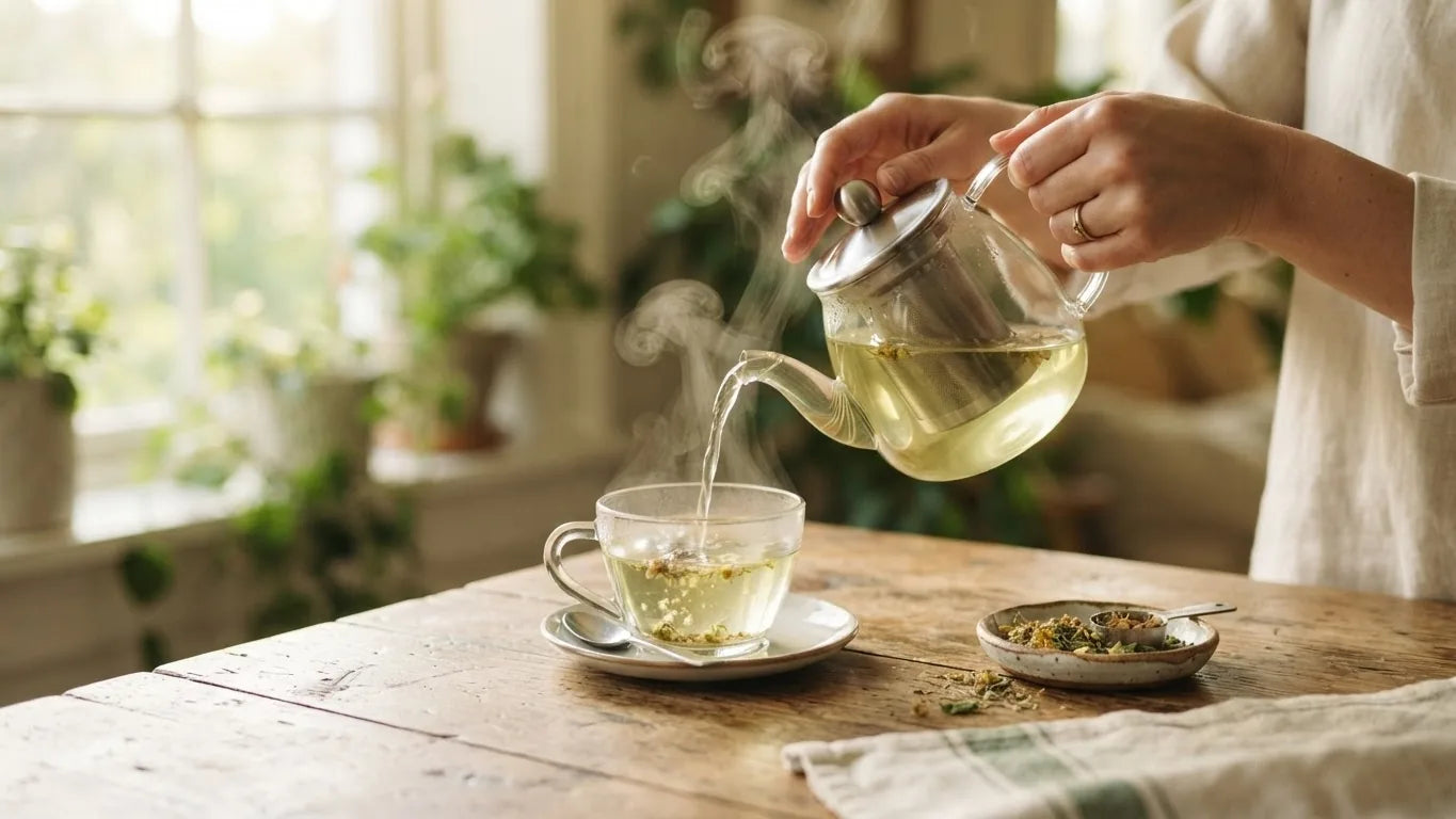 Herbal tea being poured into a clear glass cup