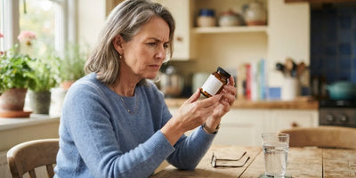 Woman reading a supplement label at a kitchen table