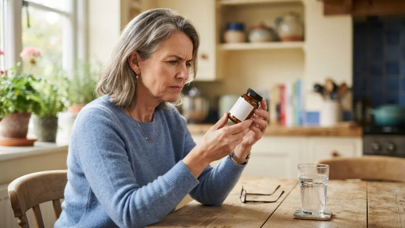 Woman reading a supplement label at a kitchen table