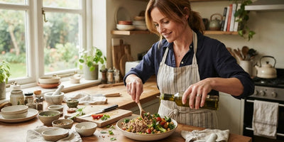 Woman preparing a light meal in a sunlit kitchen