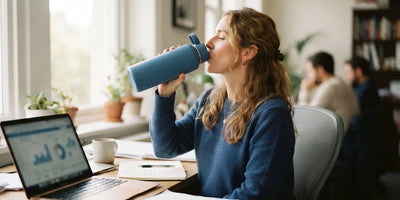 Woman drinking water from a large bottle in an office