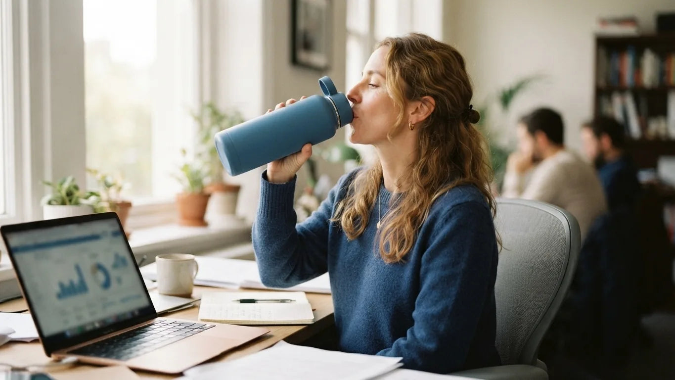 Woman drinking water from a large bottle in an office