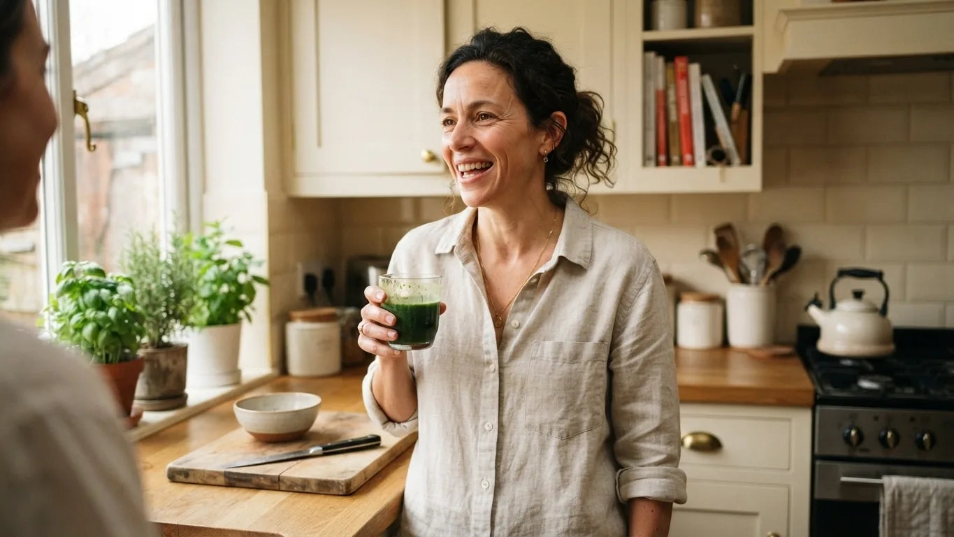 Woman holding a glass of green drink in a sunlit kitchen
