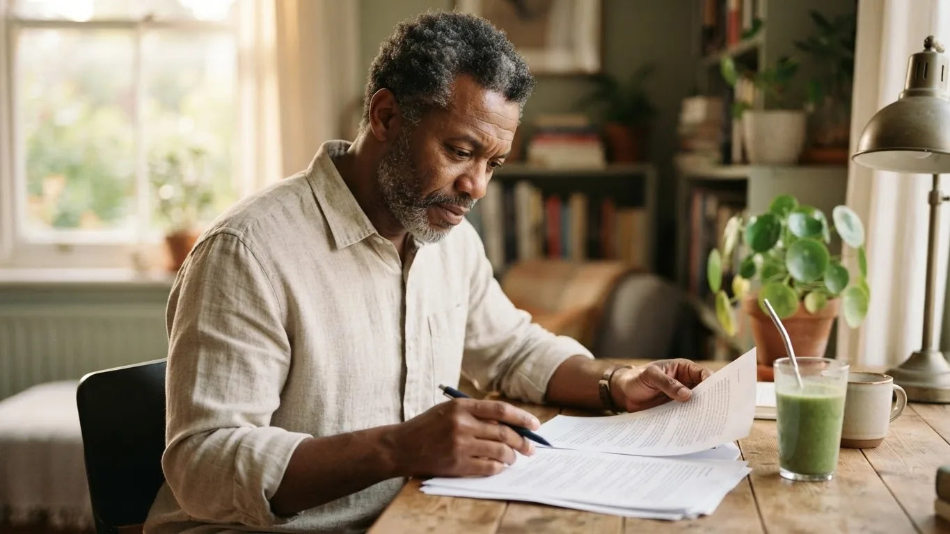 Man reading research papers with a green smoothie beside him