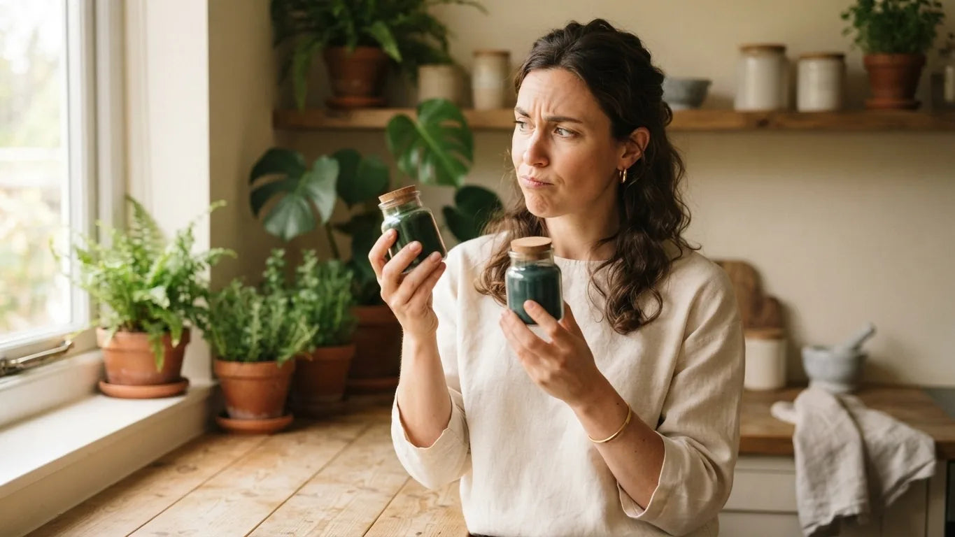 Person comparing two jars of green powder side by side
