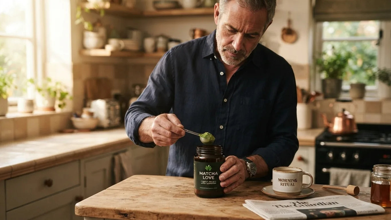 Man measuring a scoop of green powder in a kitchen