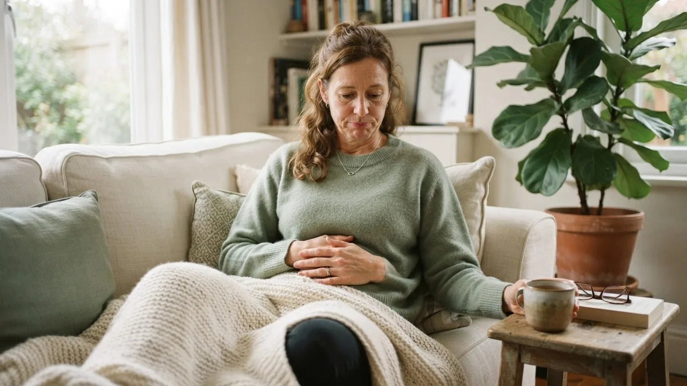 Woman resting on a sofa with a hand on her stomach