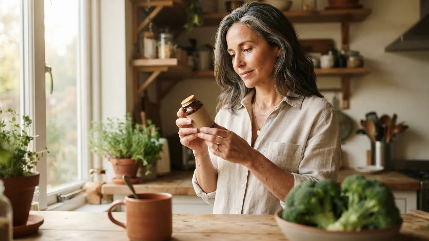 Woman in her forties reading a supplement bottle in a bright kitchen