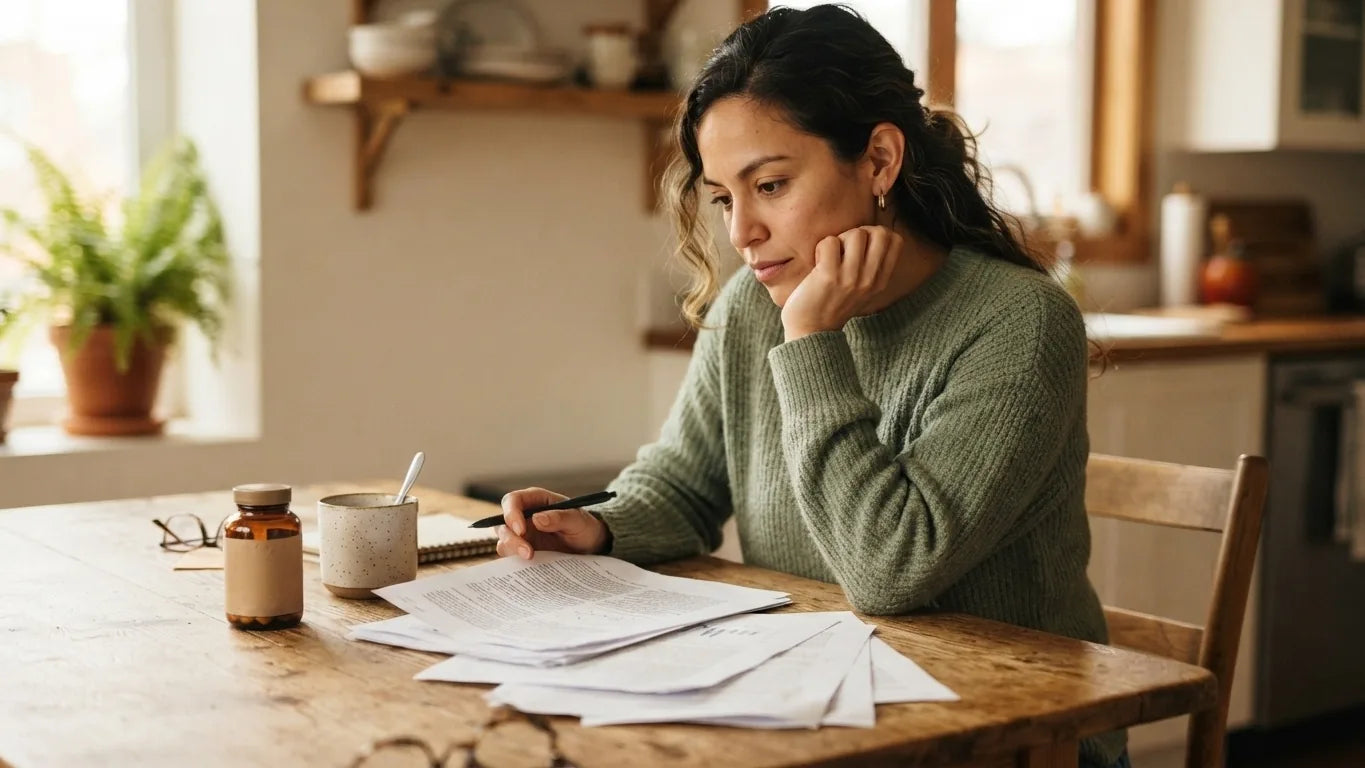 Woman reading research notes at a kitchen table with coffee