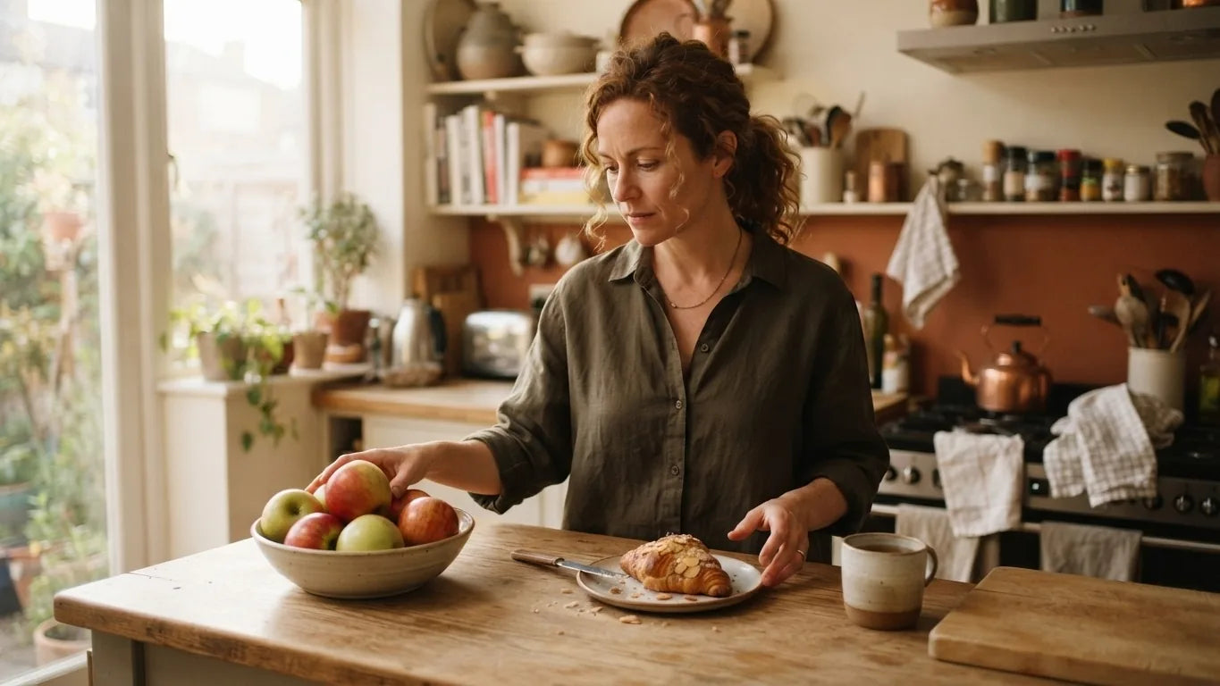 Woman standing in a kitchen deciding between fruit and a pastry