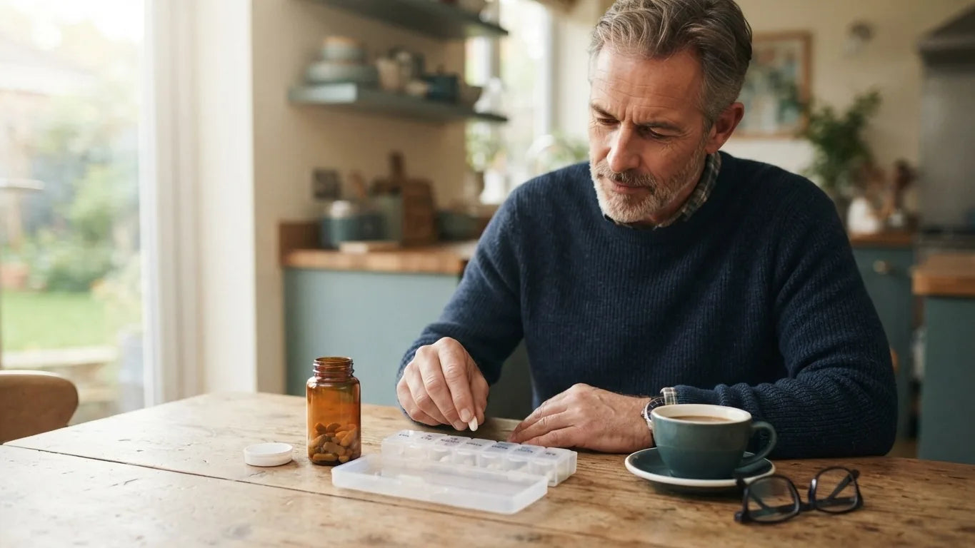 Man filling a weekly pill organizer at a kitchen table