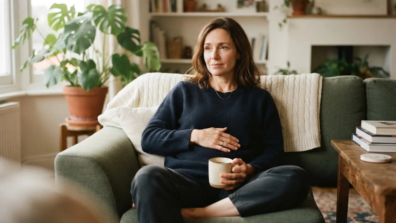 Woman sitting on a sofa looking unwell and holding her stomach