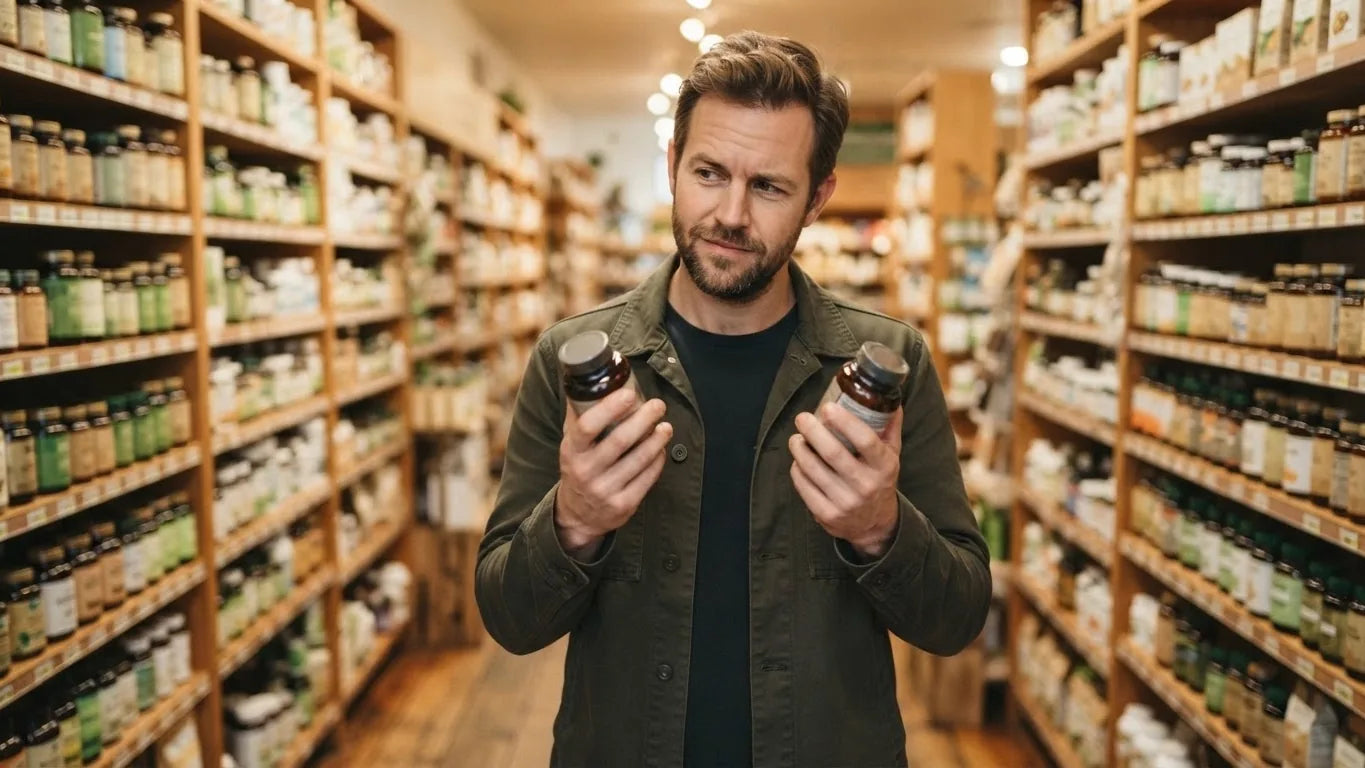 Shopper comparing two supplement bottles in a health store aisle