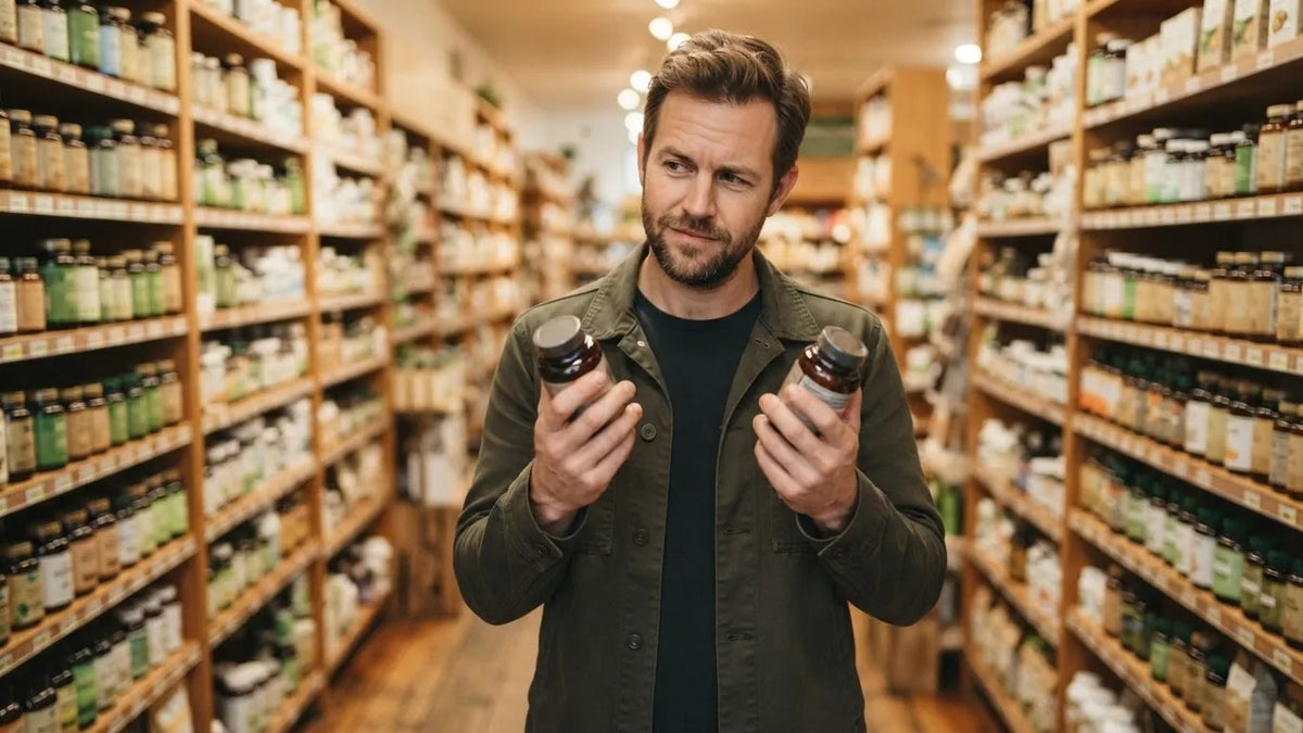 Shopper comparing two supplement bottles in a health store aisle