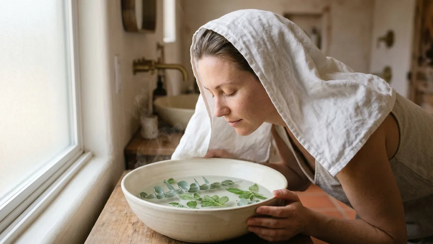 Woman leaning over ceramic bowl of steaming herbal water with linen towel draped over head, eyes closed, warm bathroom light