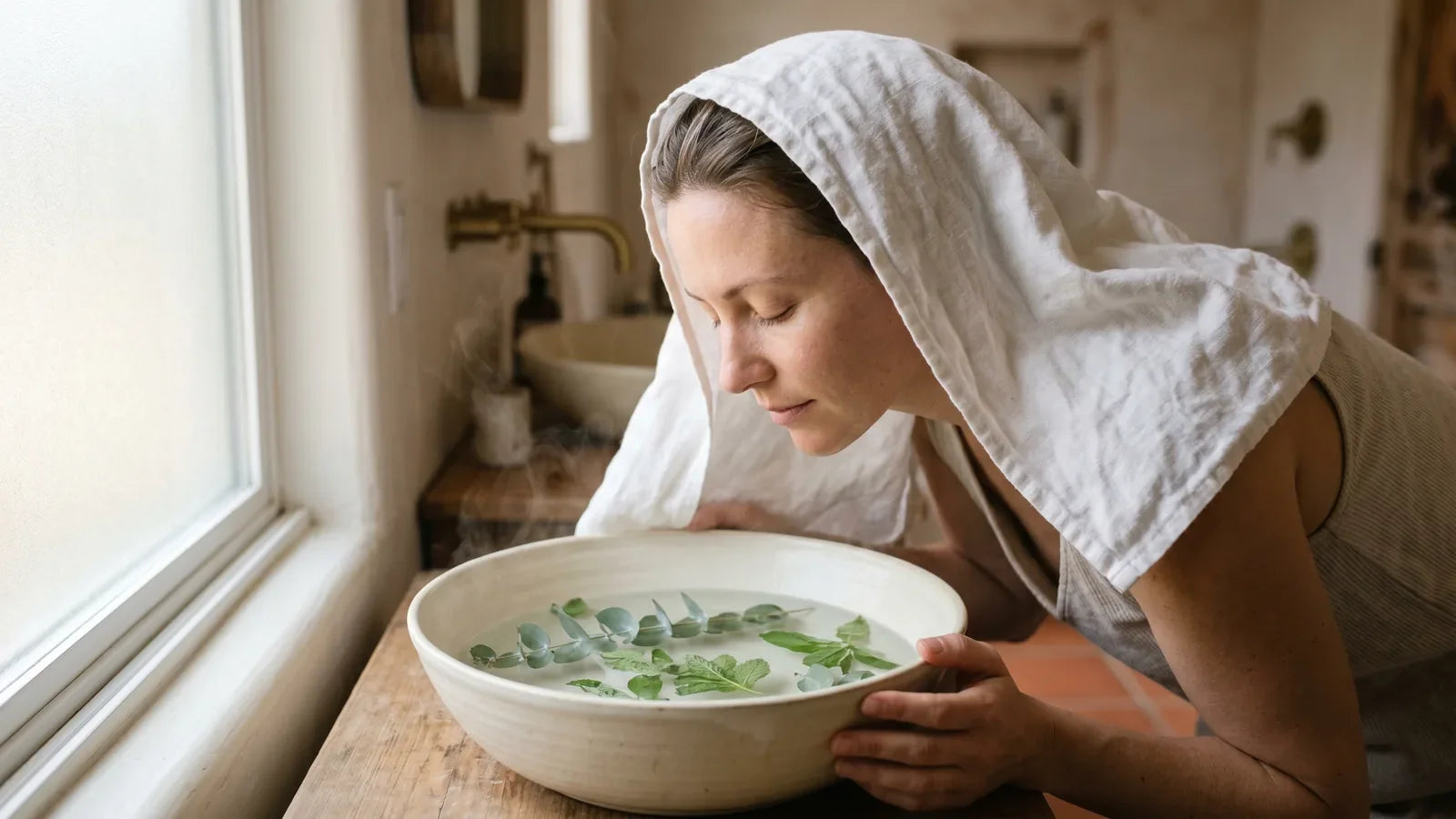 Woman leaning over ceramic bowl of steaming herbal water with linen towel draped over head, eyes closed, warm bathroom light