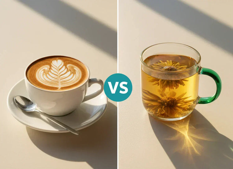 Cappuccino with latte art vs. herbal flower tea in glass mug — tea vs coffee for bone health and calcium absorption