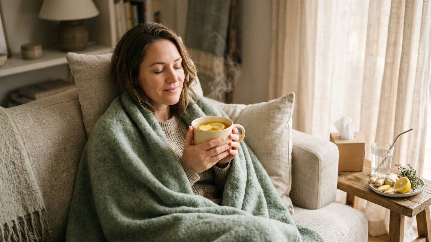 Woman wrapped in sage wool blanket on linen sofa holding steaming mug of golden ginger-lemon tea in soft afternoon light