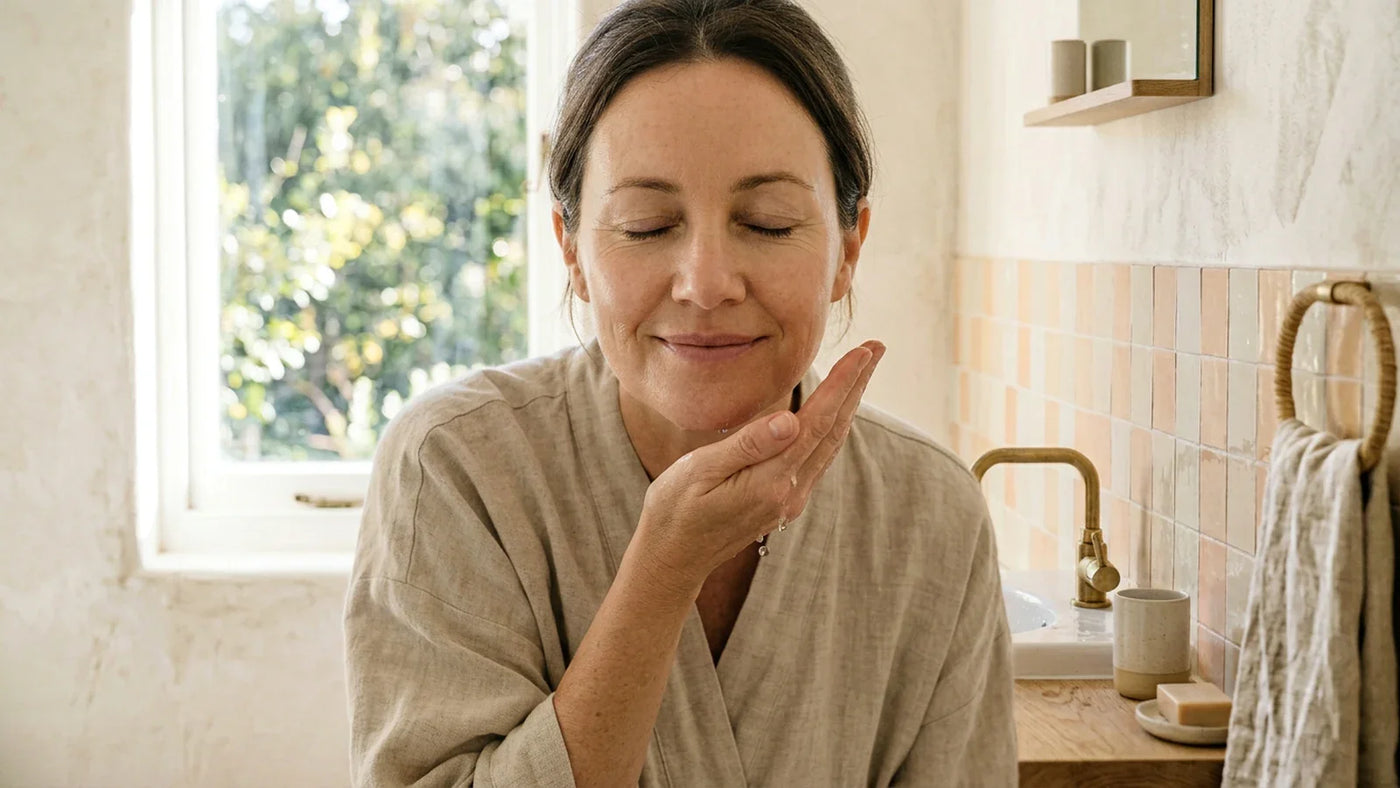 Woman in her 40s with natural healthy skin in soft morning light
