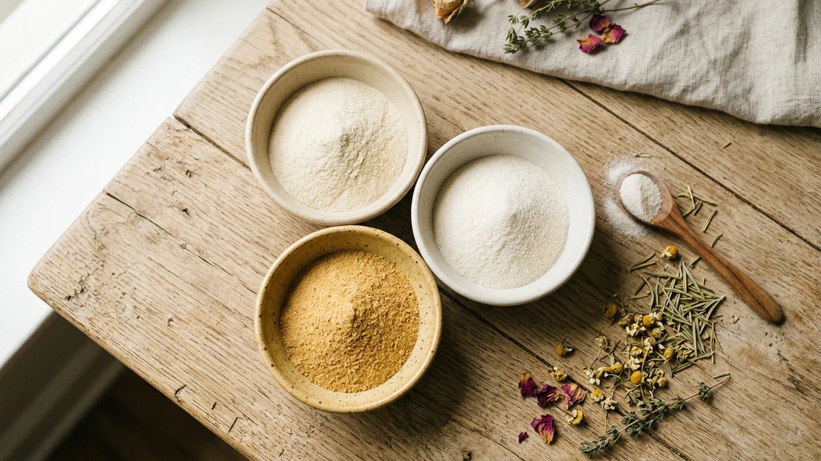 Three small bowls of different protein sources — bovine, marine, and chicken collagen comparison