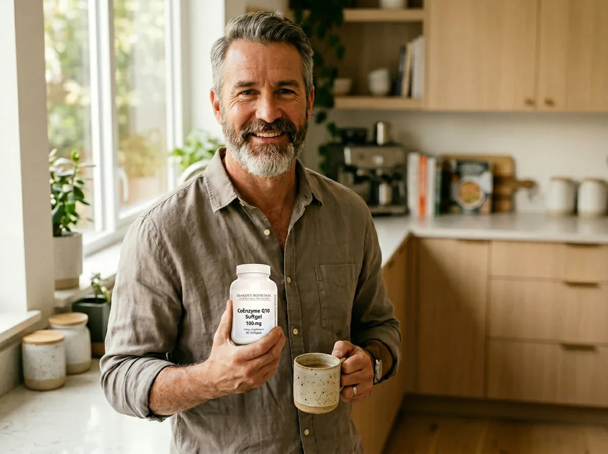 Homme en chemise de lin taupe tenant un flacon de complément alimentaire dans une cuisine moderne - Bienfaits du CoQ10 pour les hommes