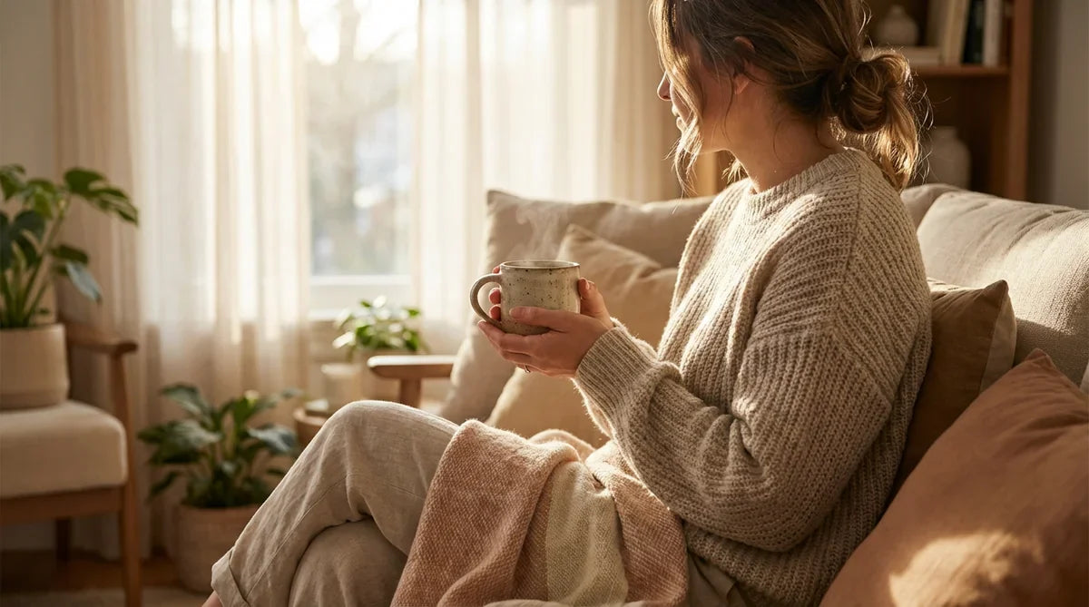 Femme se reposant avec une tisane près de la fenêtre — symptômes de fatigue surrénalienne et déséquilibre hormonal chez la femme