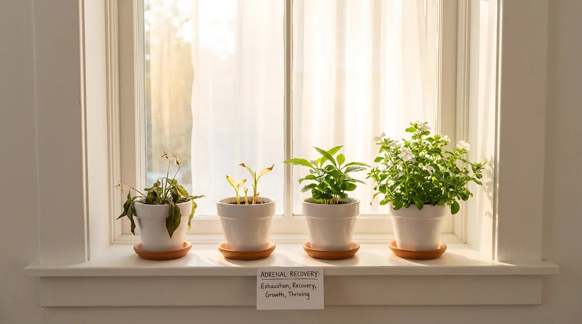 Four plants in progressive growth stages — visual metaphor for the four stages of adrenal fatigue recovery