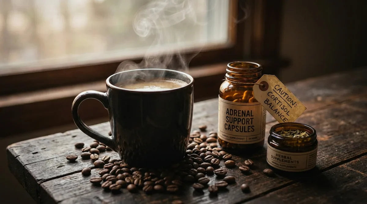 Steaming coffee cup beside adrenal supplement — how caffeine impacts cortisol and adrenal fatigue