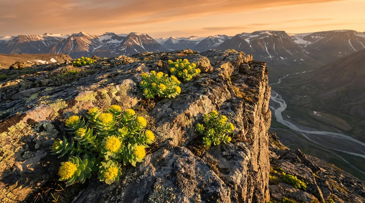 Rhodiola rosea yellow flowers on rocky mountain cliff — Arctic adaptogen for adrenal fatigue and stress