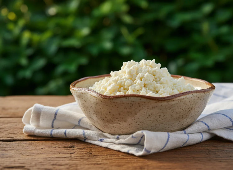 Fresh, creamy cottage cheese in a rustic speckled ceramic bowl on wood, with a blue-striped towel. Golden hour light, green nature background.