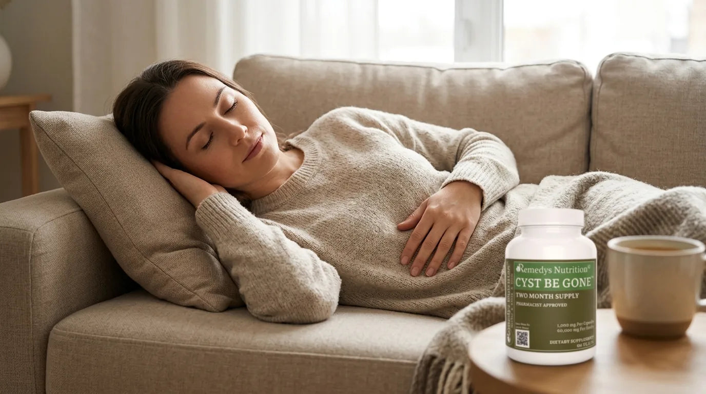 Woman resting calmly with a hand on her abdomen at home