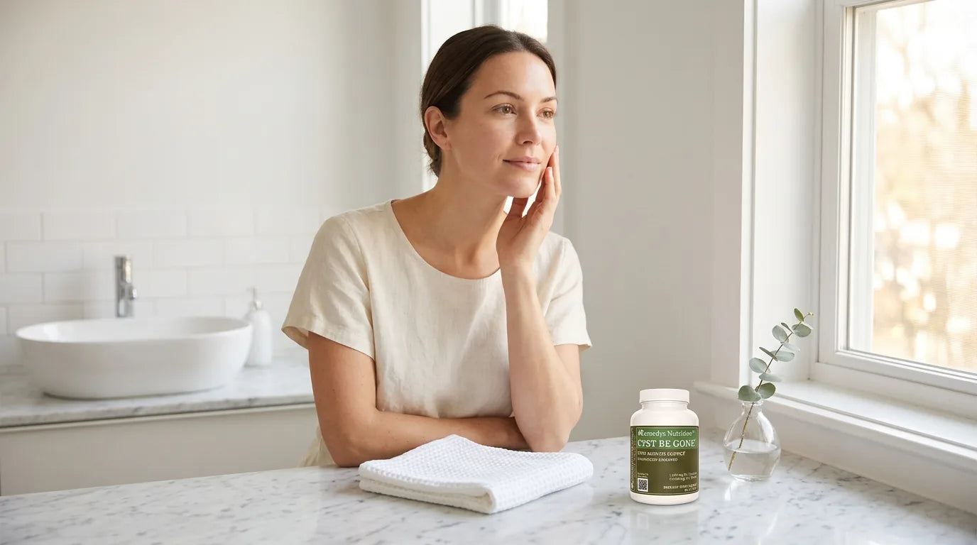 Woman with clear healthy skin in a gentle skincare moment