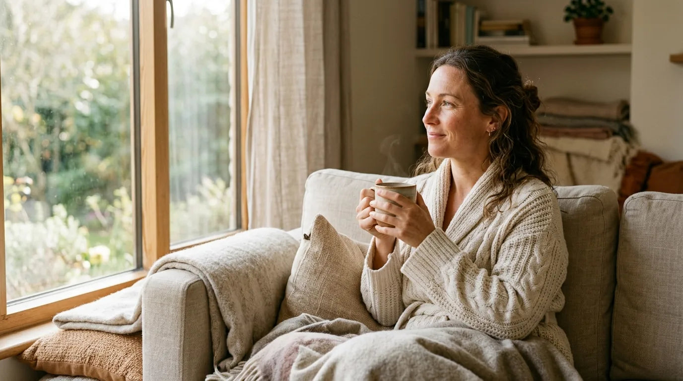 Woman relaxing comfortably at home with a warm drink