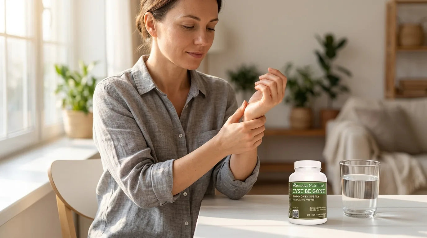 Person gently flexing their wrist in a calm bright room