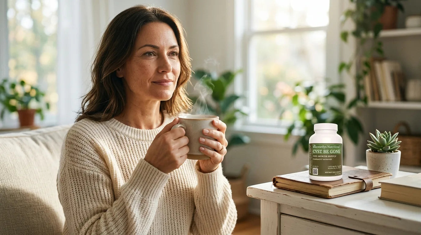 Calm confident woman in soft morning light at home