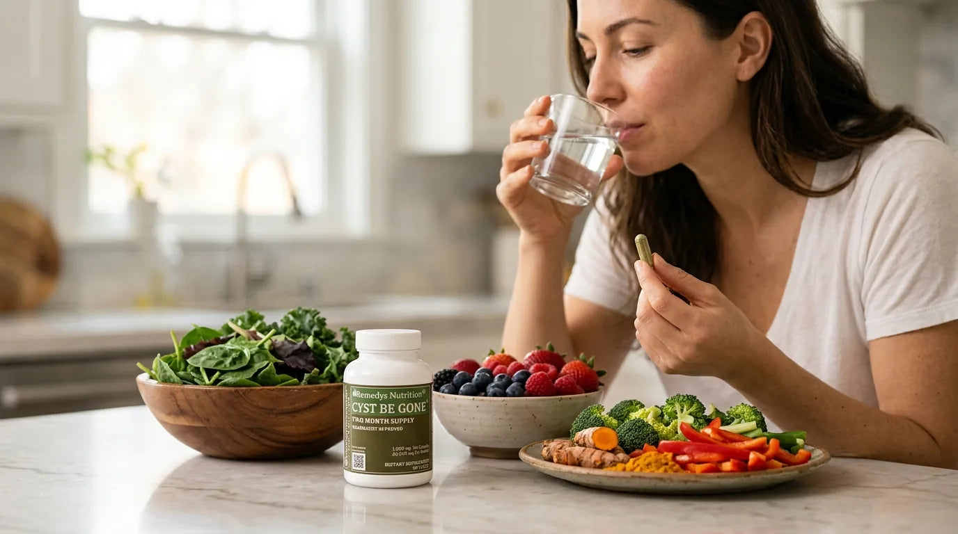 Woman taking a vegan supplement with water beside healthy foods