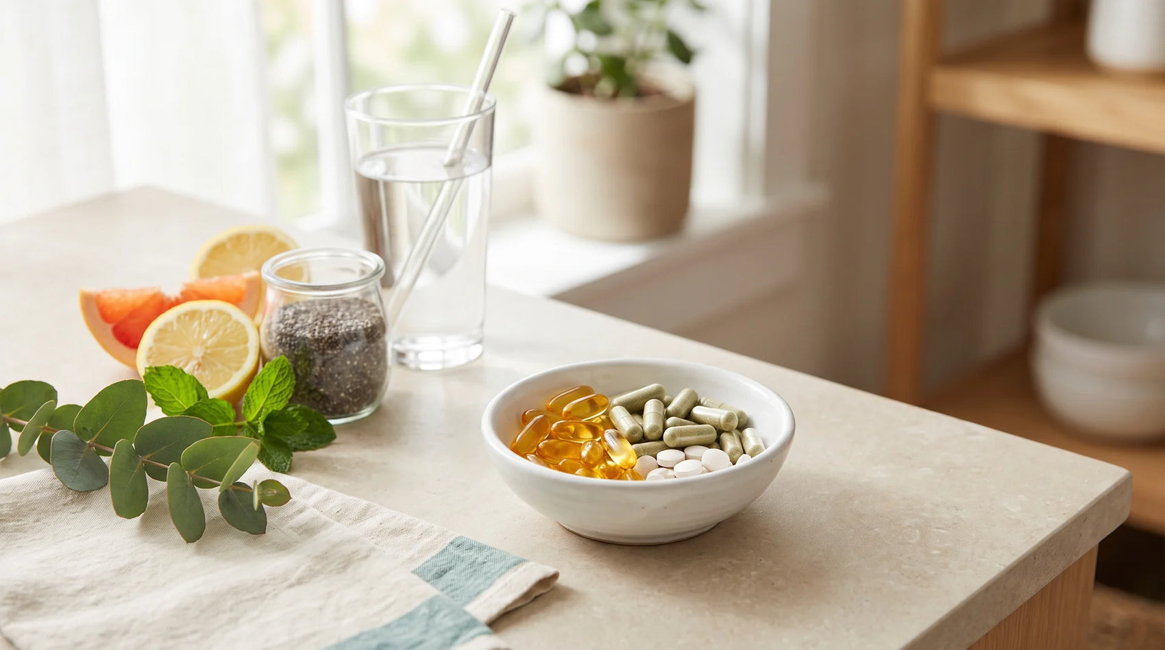 Bowl of assorted vitamins and natural supplement capsules beside fresh citrus, seeds and greens, illustrating nutrients that may support cyst health