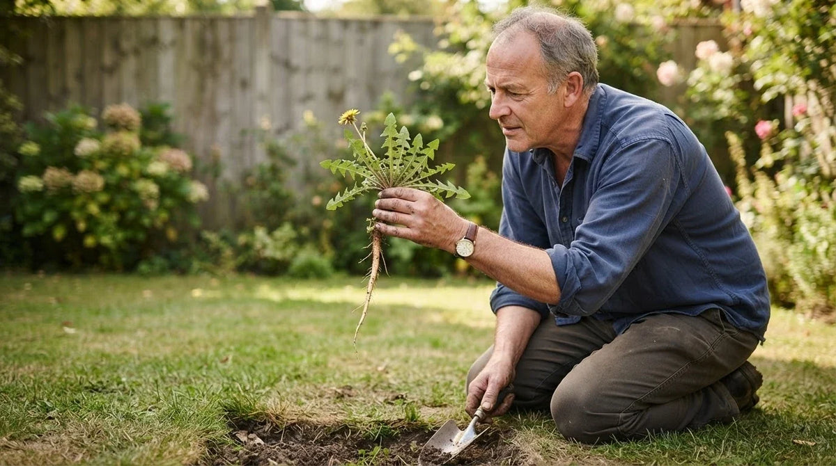 A man kneeling on a lawn lifting a whole dandelion with its long taproot out of the soil