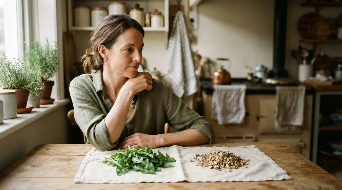 A woman at a kitchen table comparing a pile of dandelion leaves with a pile of dried root