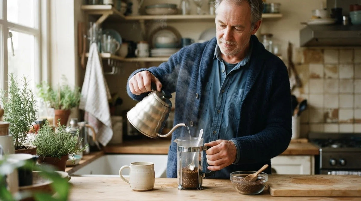 A man pouring hot water over roasted dandelion root in a glass cafetiere