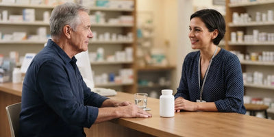 A man talking with a pharmacist across a counter with a plain supplement bottle between them