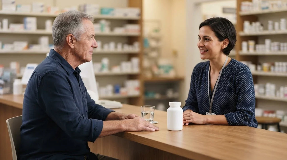 A man talking with a pharmacist across a counter with a plain supplement bottle between them