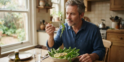 A man at a kitchen table about to taste a bowl of fresh dandelion greens