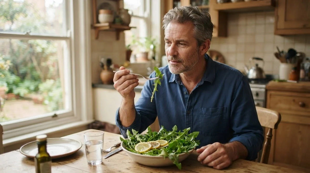 A man at a kitchen table about to taste a bowl of fresh dandelion greens